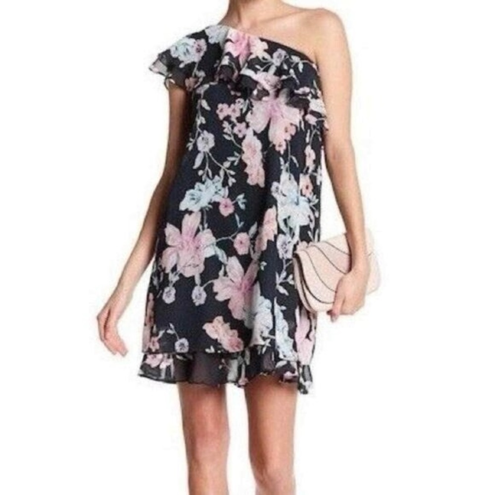 Eliza J Floral One Shoulder Ruffle Chiffon Dress green pink‎ size 2
